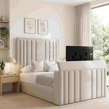 Panel TV Bed Plush Velvet Storage Bed Frame UK King Size