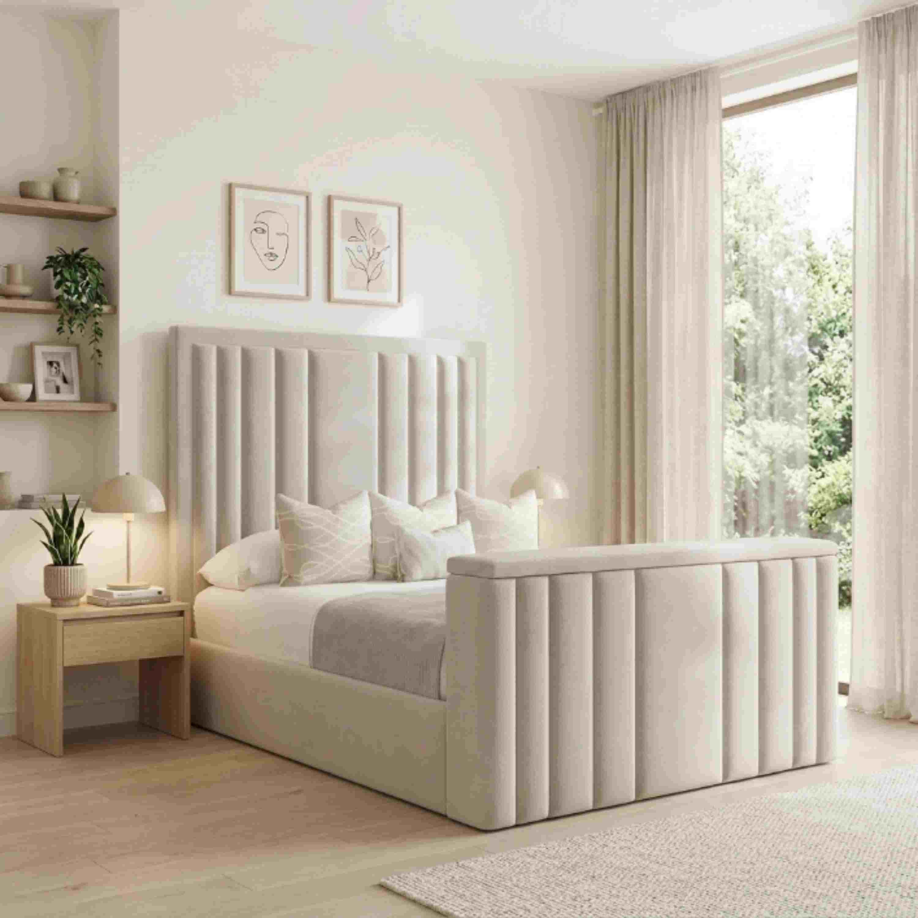 Panel TV Bed Plush Velvet Storage Bed Frame UK King Size