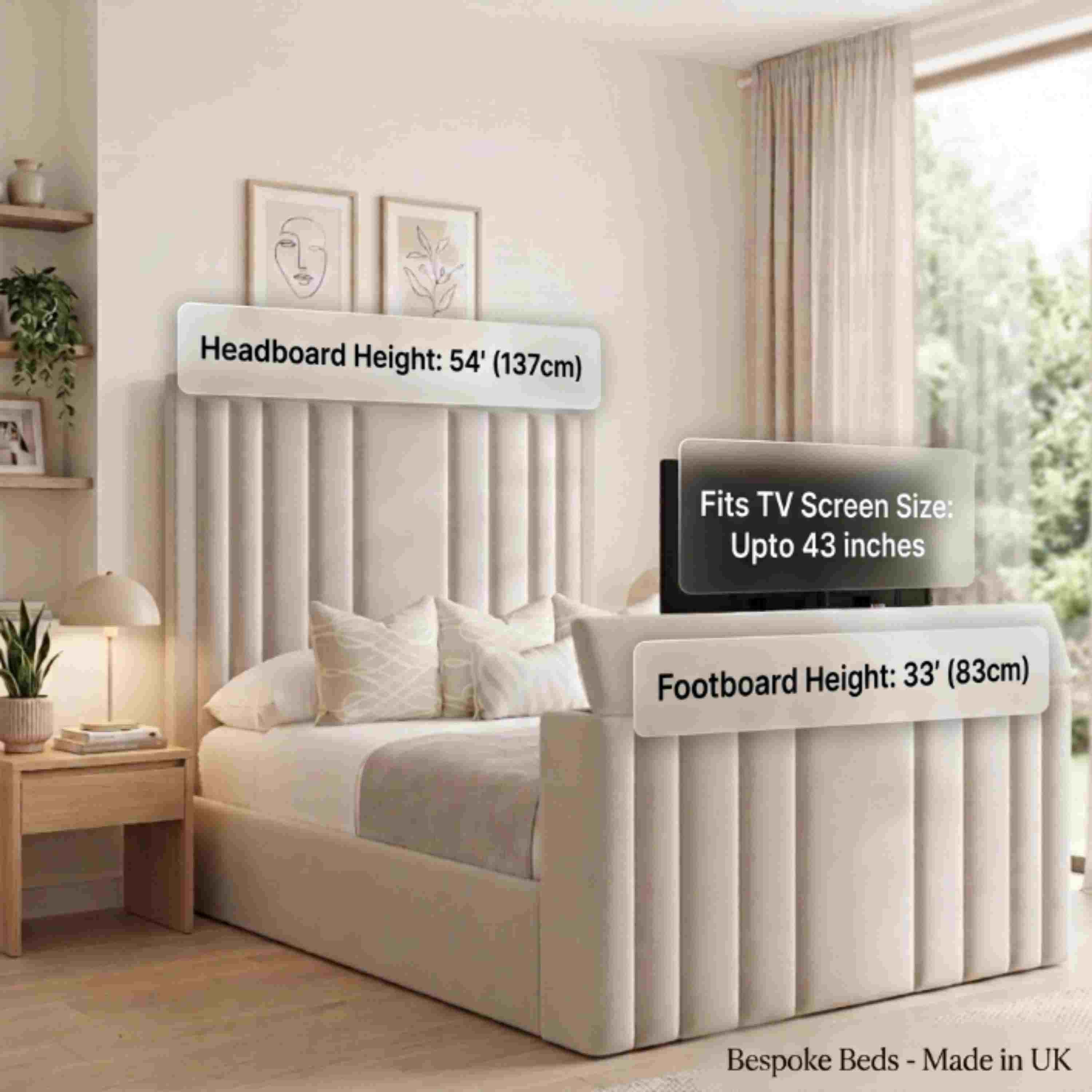 Panel TV Bed Plush Velvet Storage Bed Frame UK King Size