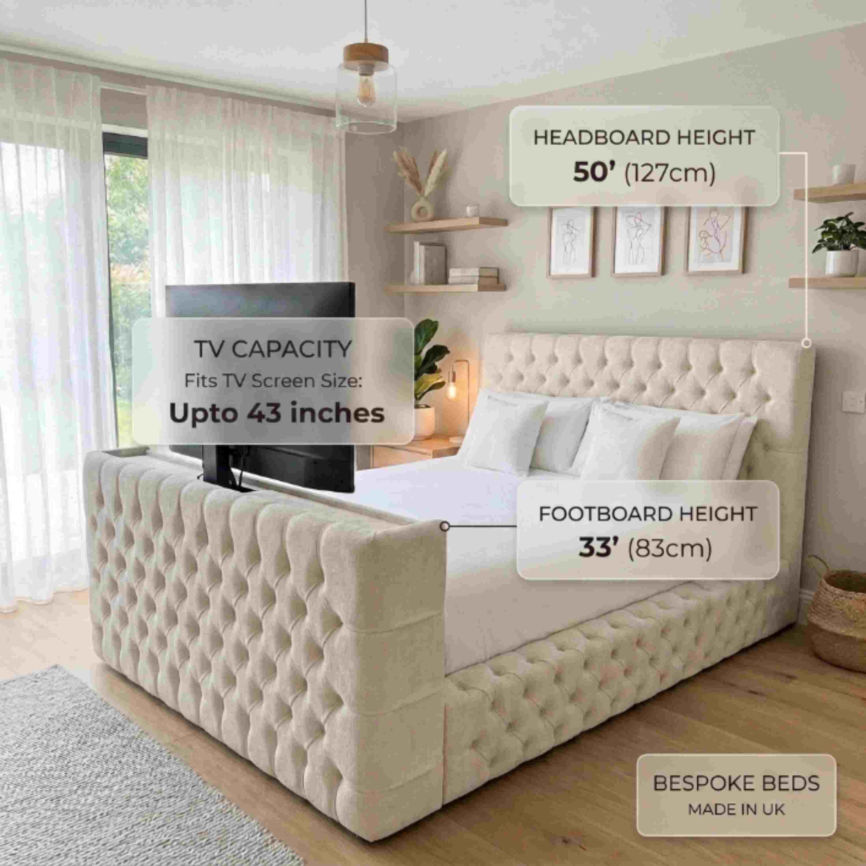 Chesterfield Straight Border TV Bed Plush Velvet Storage Bed