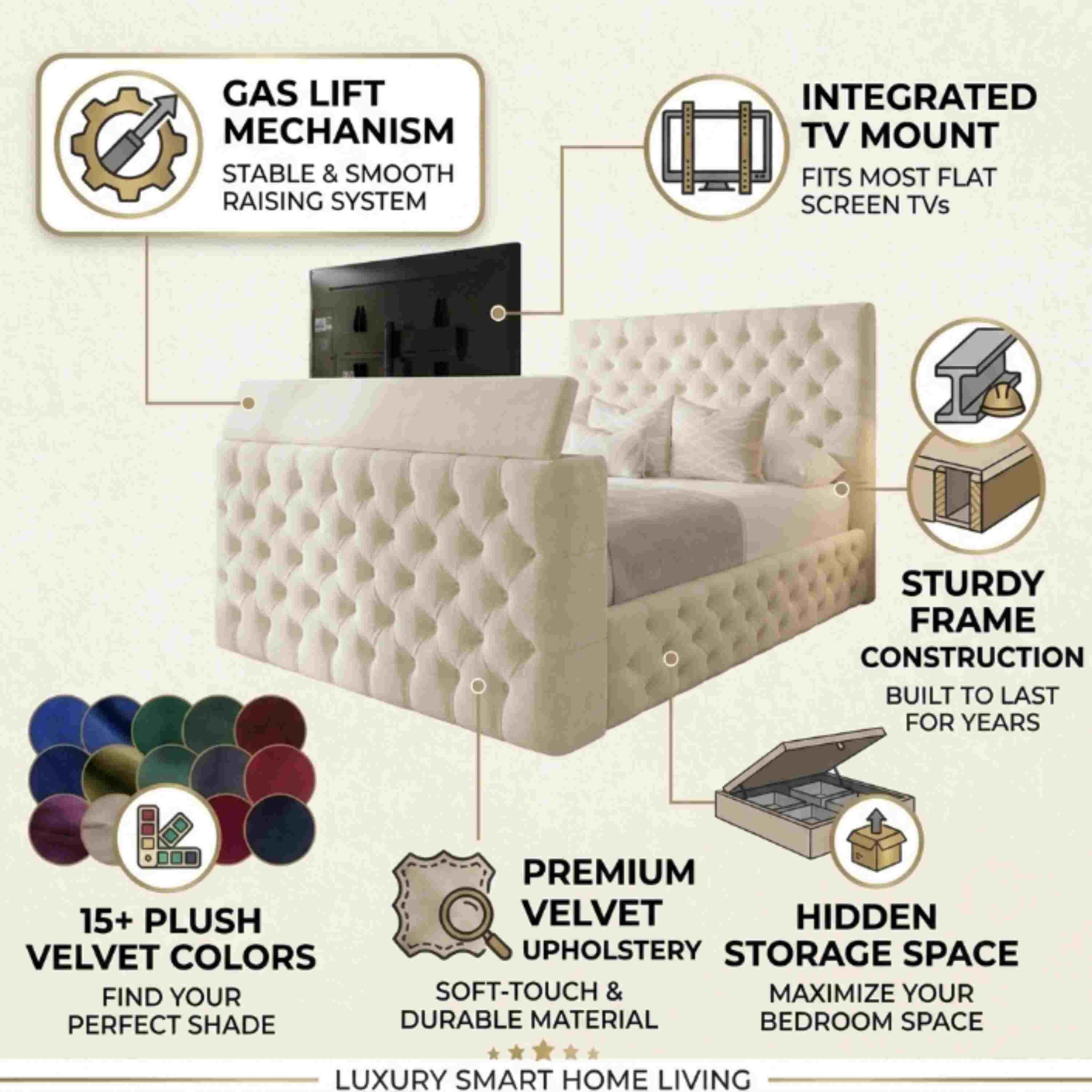 Chesterfield Straight Border TV Bed Plush Velvet Storage Bed
