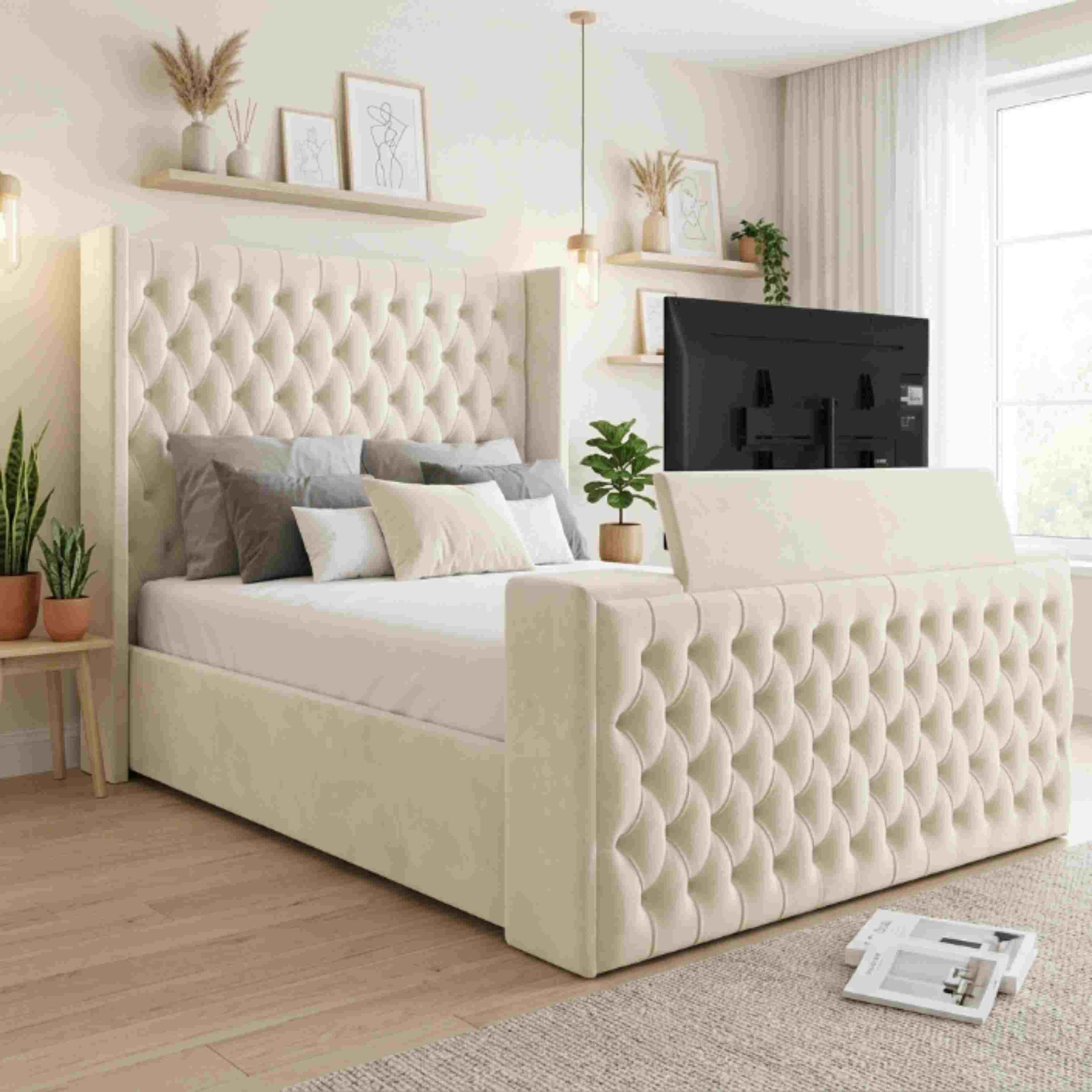 Chesterfield Straight Border TV Bed Plush Velvet Storage Bed