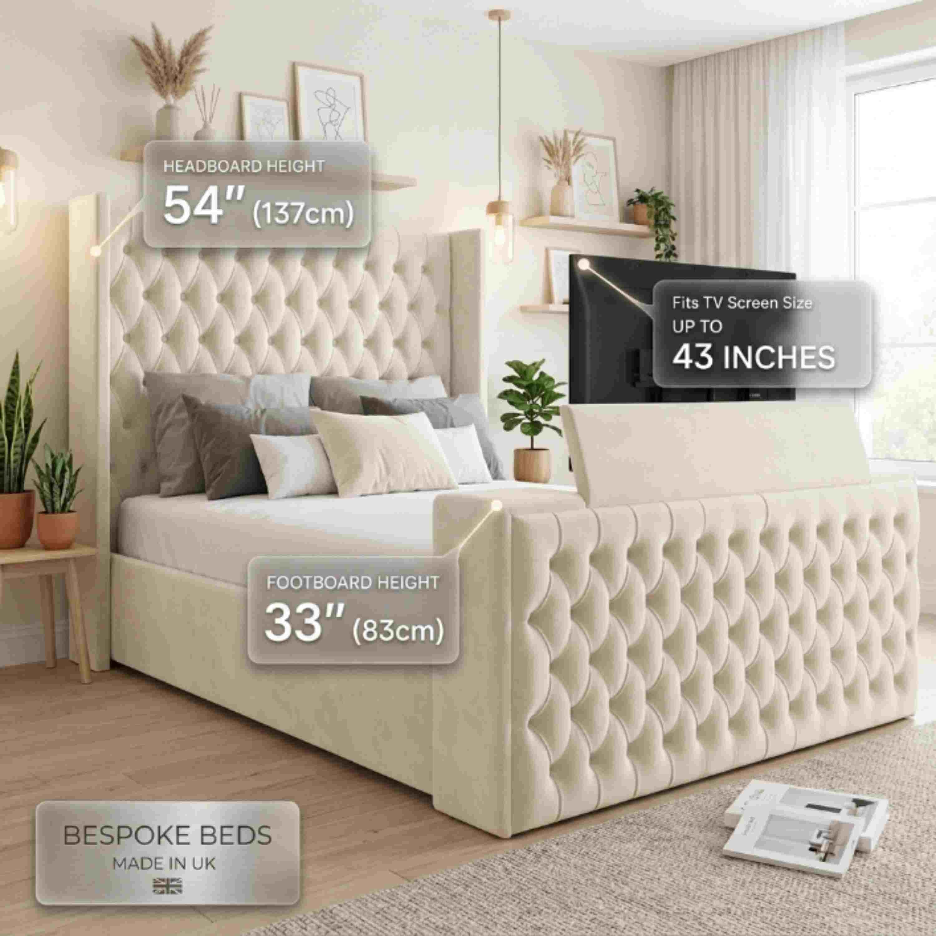 Chesterfield Straight Border TV Bed Plush Velvet Storage Bed