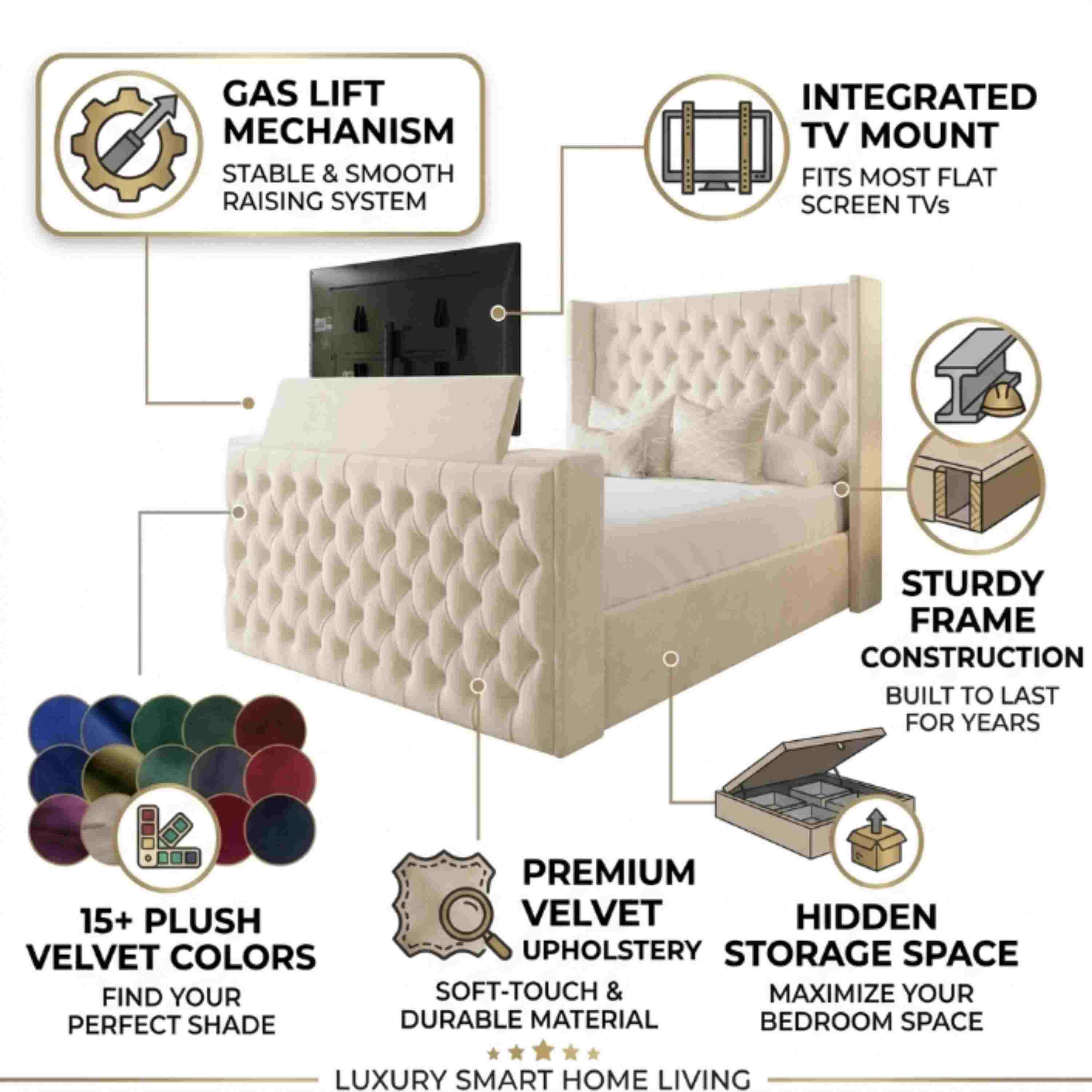 Chesterfield Straight Border TV Bed Plush Velvet Storage Bed