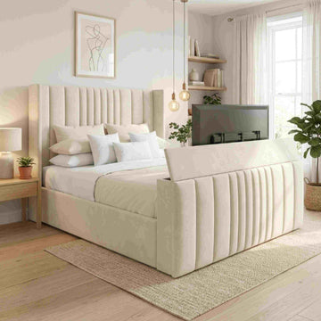 Luxury Panel TV Bed Plush Velvet Storage Bed Frame