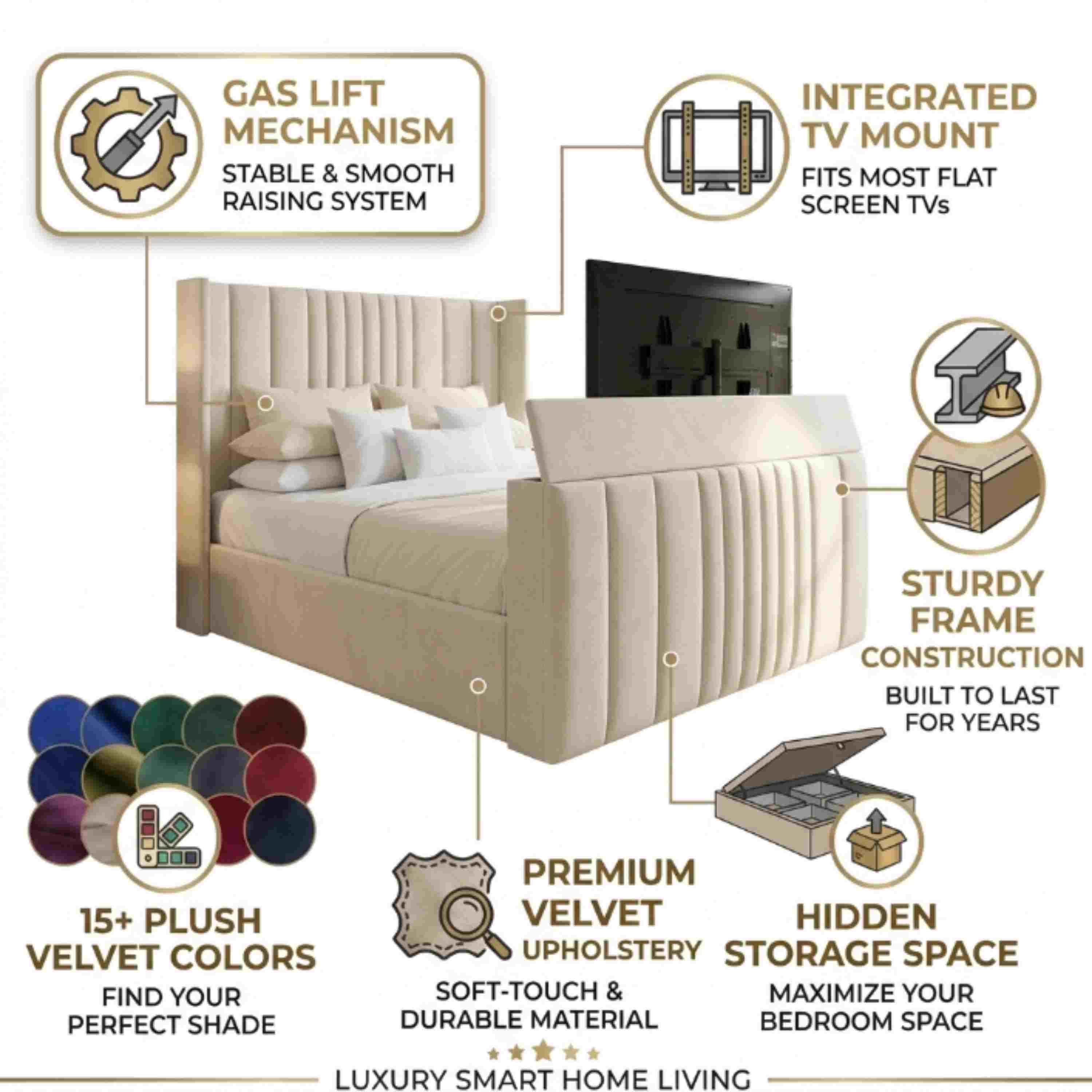 Luxury Panel TV Bed Plush Velvet Storage Bed Frame