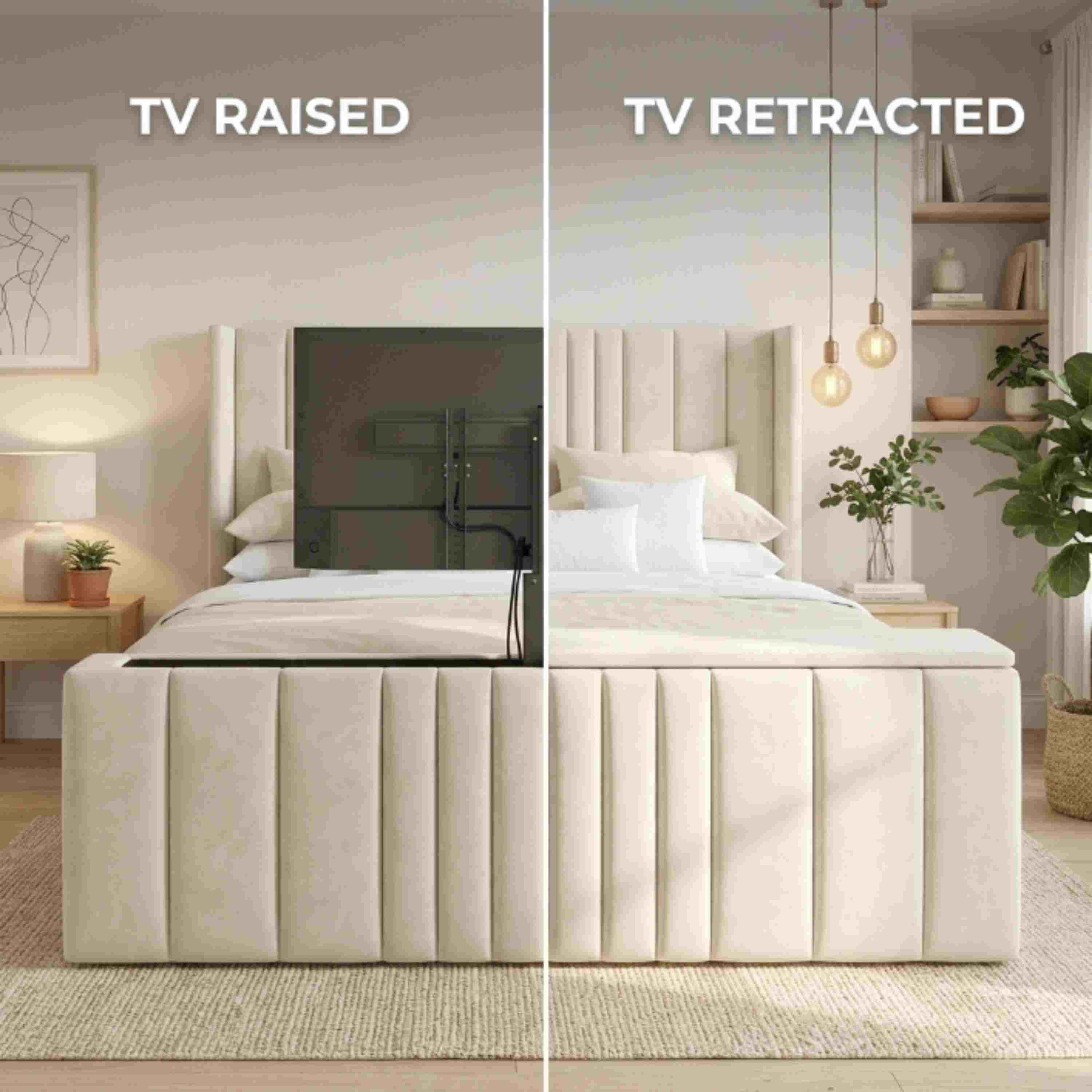 Luxury Panel TV Bed Plush Velvet Storage Bed Frame