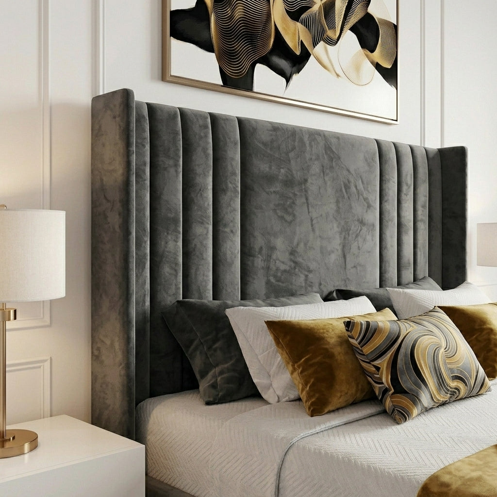 Winged Panel Ottoman Bed Frame — 50-inch winged upholstered headboard, UK ottoman bed with storage