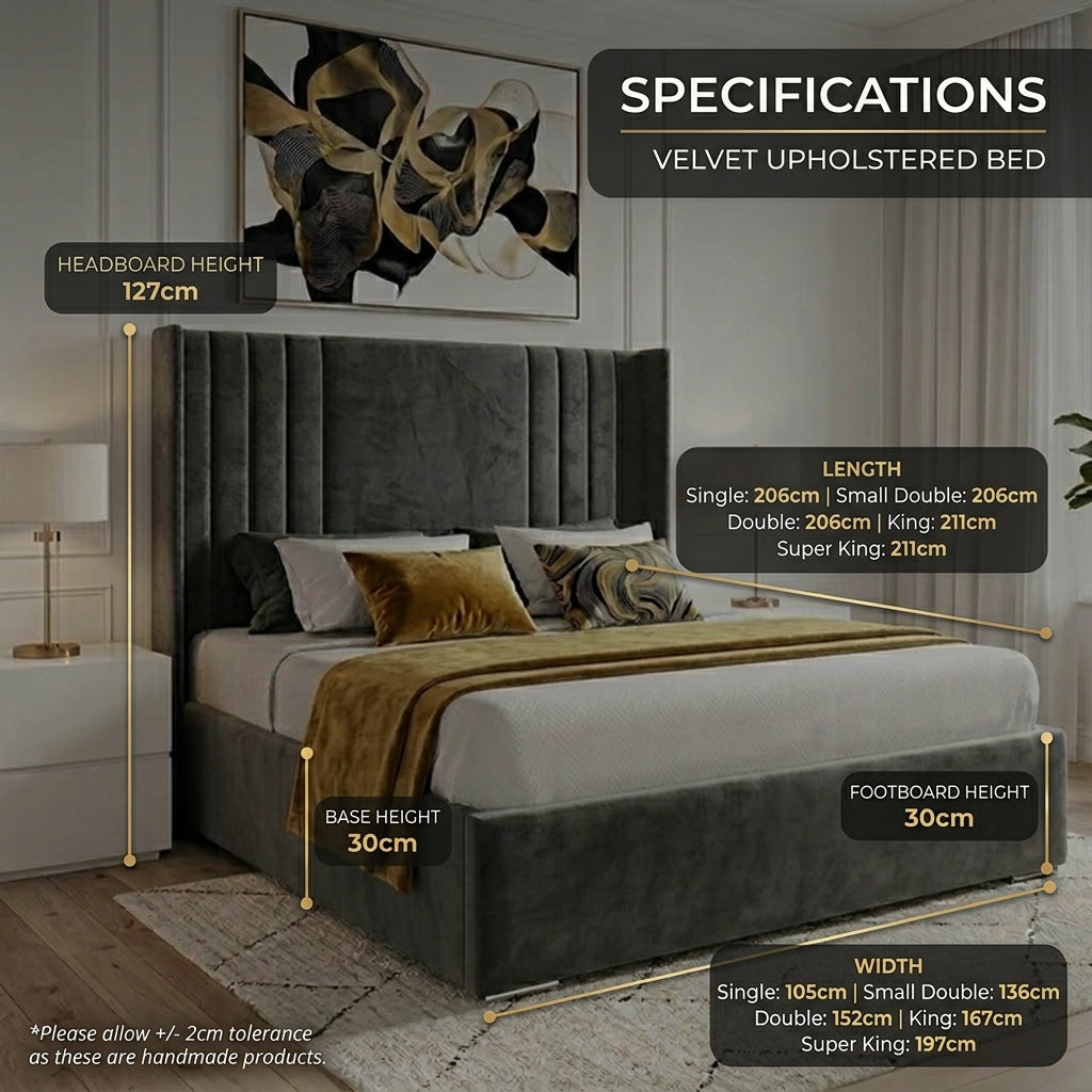 Winged Panel Ottoman Bed Frame — 50-inch winged upholstered headboard, UK ottoman bed with storage