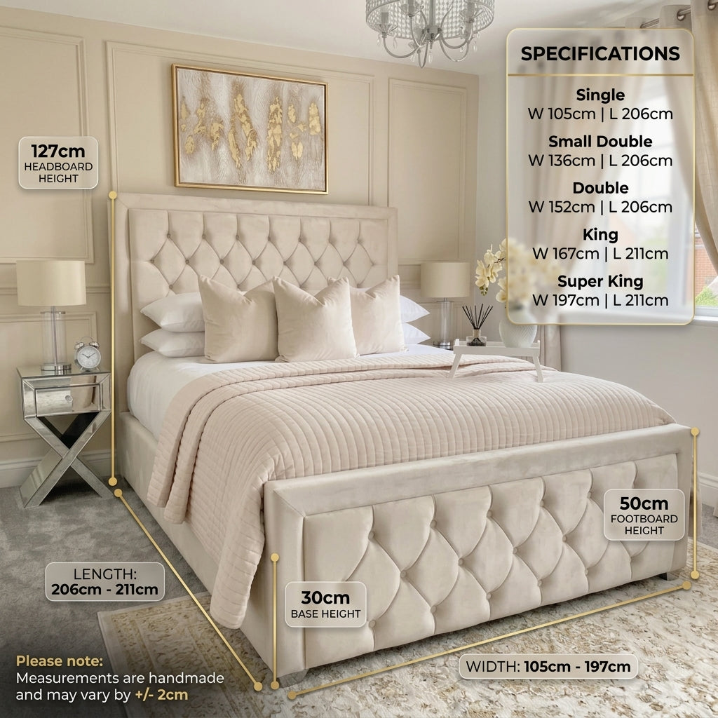 Monzar Chesterfield Ottoman Bed Frame — 50-inch buttoned headboard, UK ottoman bed with gas-lift storage